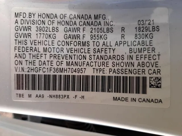 2HGFC1F36MH704957 2021 2021 Honda Civic- EX 10