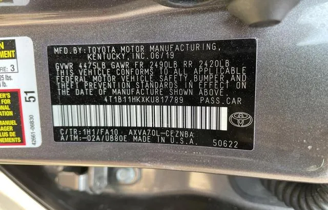 4T1B11HKXKU817789 2019 2019 Toyota Camry- L 10