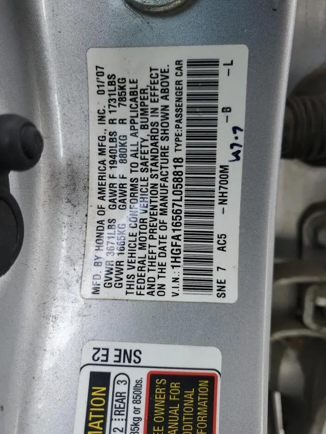 1HGFA16567L058818 2007 2007 Honda Civic- LX 10