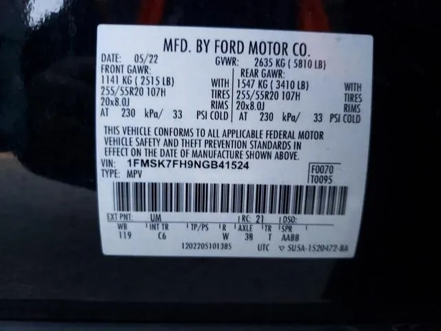 1FMSK7FH9NGB41524 2022 2022 Ford Explorer- Limited 10